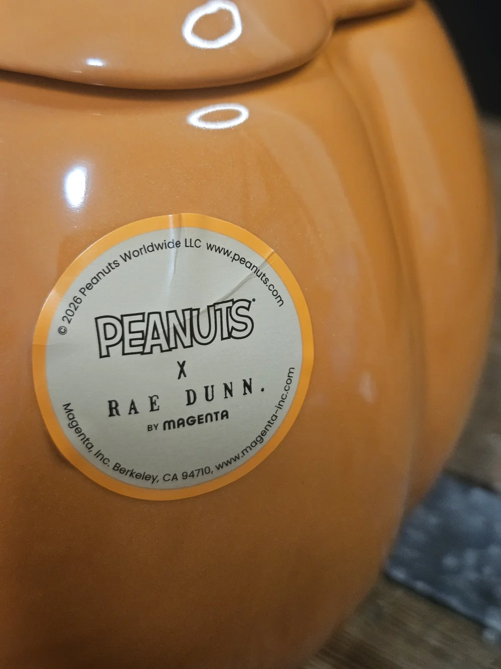 Rae Dunn Ceramic Pumpkin Jack-O'-Lantern Candy Jar with Snoopy Topper